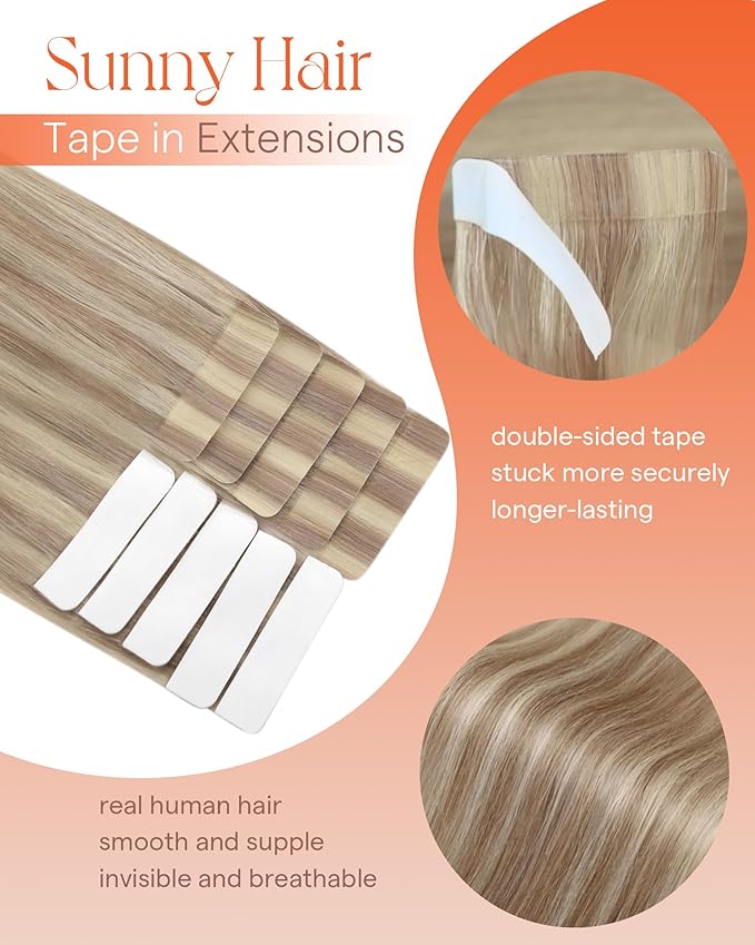 Sunny Hair Blonde Tape in Hair Extensions Human Hair Remy Hair Extensions Real Human Hair Tape in 16inch Human Hair Extensions Tape in 10Pcs 25g