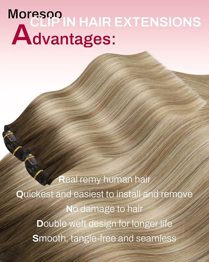 Moresoo Clip in Hair Extensions Remy Double Weft Human Hair Clip in Extensions Balayage Straight Hair Extensions for Women Ombre Brown to Light Brown with Blonde 5pcs 80g 10inch