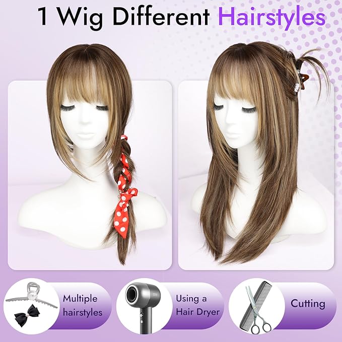 Wig with Bangs for Women Brown Blonde Highlight Straight Face-Framing Layers Hairstyle 4x4 Realistic Scalp Glueless Synthetic Wigs Medium Length for Everyday Use