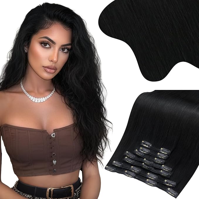 Moresoo Black Clip in Hair Extensions 24 inch Jet Black Remy Human Hair Extensions Clip ins Straight Double Weft for Women Thick 150g/7pcs 24in