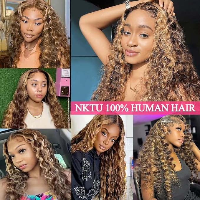 4/27 Deep Wave Lace Front Wigs Human Hair Honey Blonde Highlight Ombre Wigs Human Hair for Women 13x4 HD Transparent Lace Frontal Wigs Pre Plucked with Baby Hair 180 Density 28 Inch