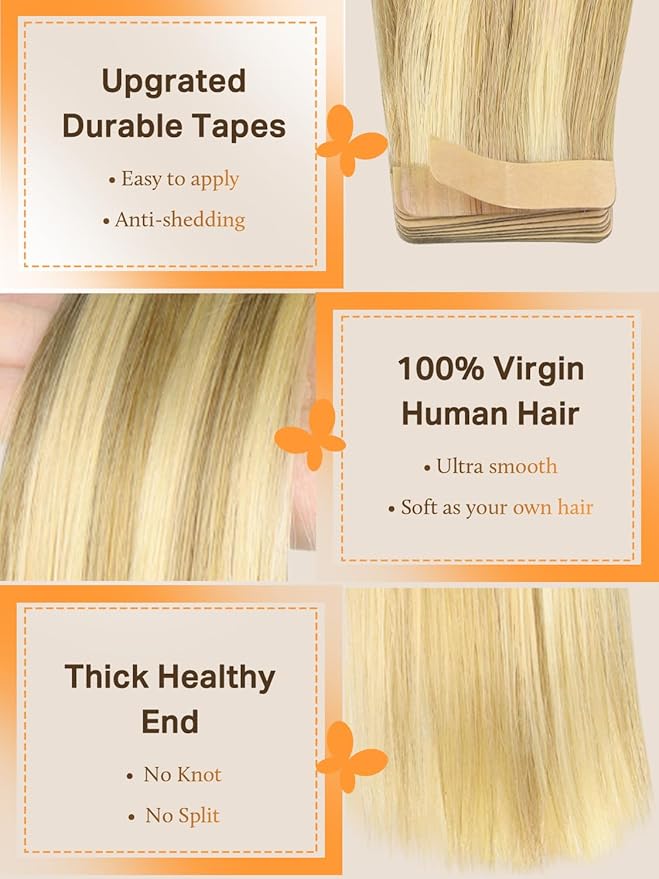 DOORES Tape in Hair Extensions Human Hair, 10pcs 30g 20 Inch Drity Blonde Highlight Golden Blonde, Human Hair Extensions Natural Hair Extensions Seamless Straight