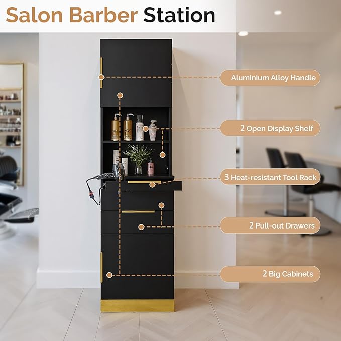 OmySalon Salon Station, Barber Station for Hair Stylist, Beauty Storage Cabinet with Stainless Steel Finish & Drawers & Dryer Holders, Modern Spa Equipment for Barbershop, Black