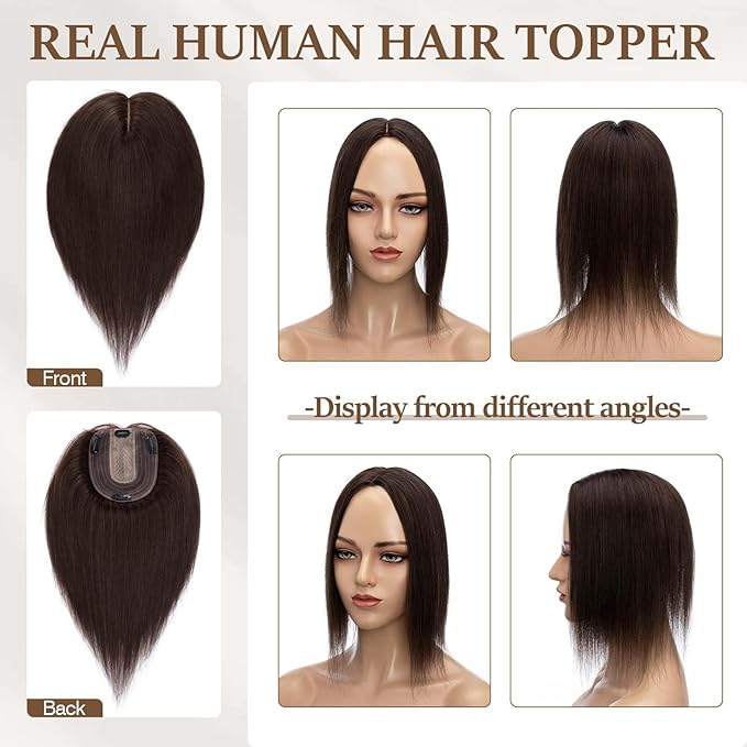 Rich Choices Hair Toppers for Women Real Human Hair NO Bangs 100% Human Remy Toppers for Women with Thinning Hairs on Top Clip in Hairpiece 4"x4.7" Large Lace Base 16 Inch #2 Dark Brown