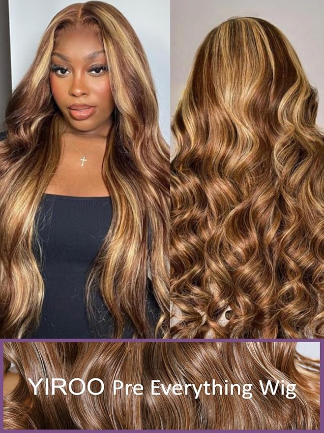 YIROO Pre Everything Wig Honey Blonde 13X4 Pre Cut Lace Front Glueless Human Hair Wigs Body Wave Brown Blonde Highlight Ombre Pre Bleached Invisible Bye Bye Knots Wig Pre Plucked 150% Density 26Inch