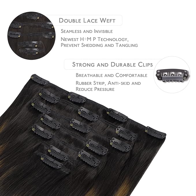 WENNALIFE Clip in Hair Extensions Real Human Hair, 24 Inch 160g 7pcs Balayage Natural Black to Chestnut Brown Remy Hair Straight Natural Extensiones De Cabello Humano Con Clip Ins