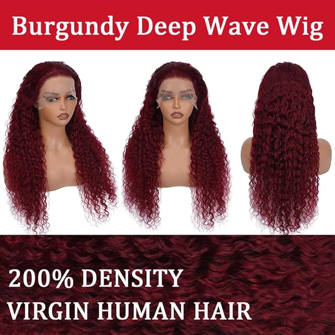 32 Inch 99J Burgundy Lace Front Wigs Human Hair 13x6 HD Deep Wave Lace Front Wigs Human Hair Pre Plucked Red Colored Frontal Curly Human Hair Wig For Women