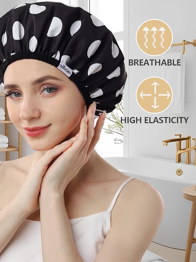 Years Calm Shower Caps For Women Reusable Waterproof，Pattern And Solid Color Dual-Layer Design For Dual-Layer Usable，Protects Hair In Shower, Spa, Cooking, Clean & Travel (Black, Extra Large)