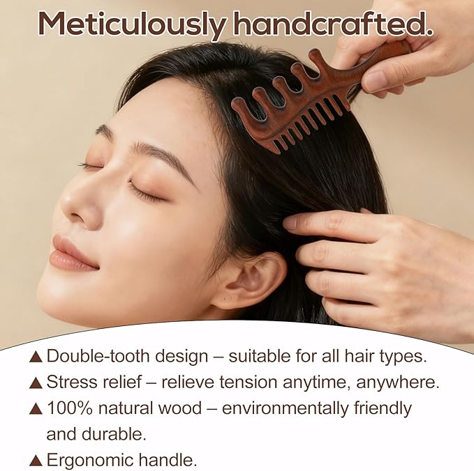 Scraping Massage Comb, Wooden Scalp Massager with Wide & Fine Tooth Scalp Relaxation Tool for Hair Caring Gift