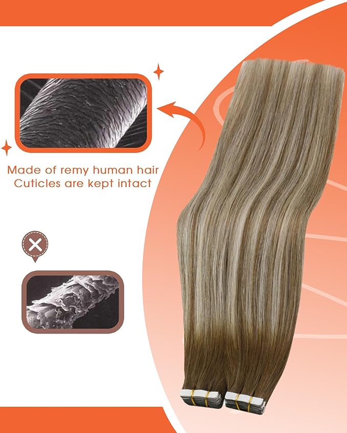 Sunny Hair Tape in Hair Extensions Real Human Hair Invisible Remy Hair Extensions Tape ins for Women Medium Brown Ombre PLatinum Blonde Balayage 12 inch 20G