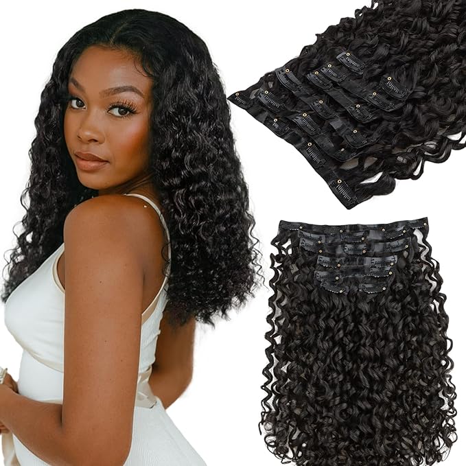 Lashey Seamless Clip in Hair Extensions Human Hair 110g 7pcs Burmese Curly Natural Black 18 Inch Clip In Human Hair Extensions with Soft PU Weft for Women
