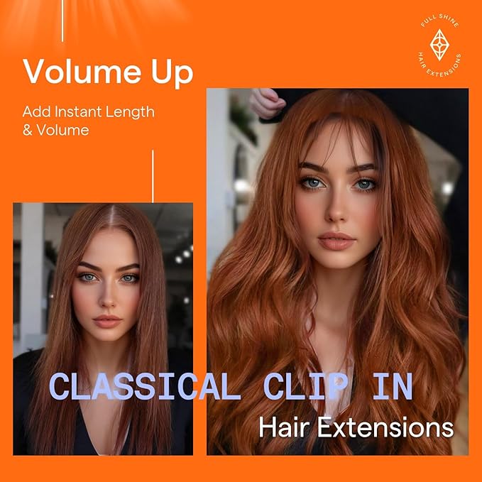 Full Shine Copper Clip in Hair Extensions Human Hair 22 Inch Copper Hair Extensions Clip ins for Women 7 Pcs 120 G