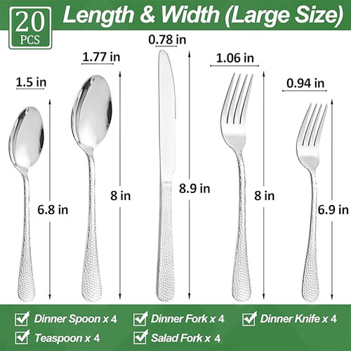 20 Pcs Silverware Set for 4 with Hammered Design, Food Grade Stainless Steel Flatware Set, Eating Utensils Sets Include Fork/Knife/Spoon, Reusable Cutlery Set, Dishwasher Safe