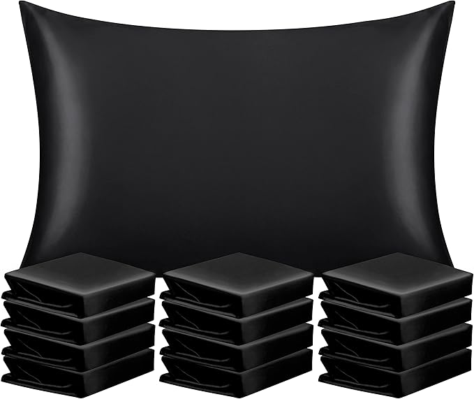 NTBAY 12 Pack Satin Standard Pillowcases for Hair and Skin, Luxurious and Silky Pillow Cases with Envelope Closure, 20x26 Inches, Black