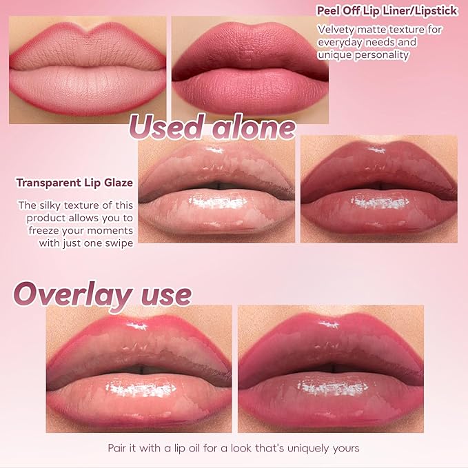 Dual-Ended Peel Off Lip Stain Liner, Long Lasting Waterproof Peel Off Lip Liner Tattoo with Nourishing Clear Gloss Combo Set, Transfer-Proof Non-Stick Cup Shiny Lips Tint Lipstick Makeup07