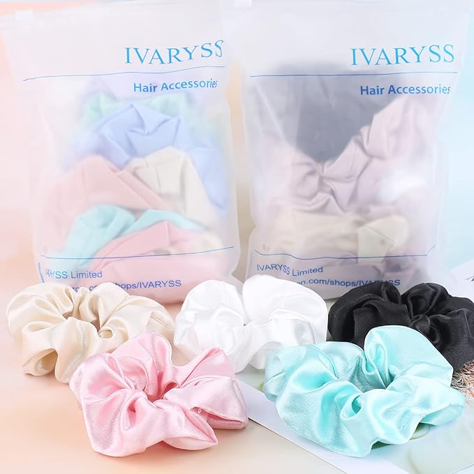 IVARYSS Scrunchies for Hair Sleep, Premium Satin Soft Than Silk for Women Curly Hair, Cute Bands Ties for Girls Thin | Thick Hair Styling, 12 Pack, Dark