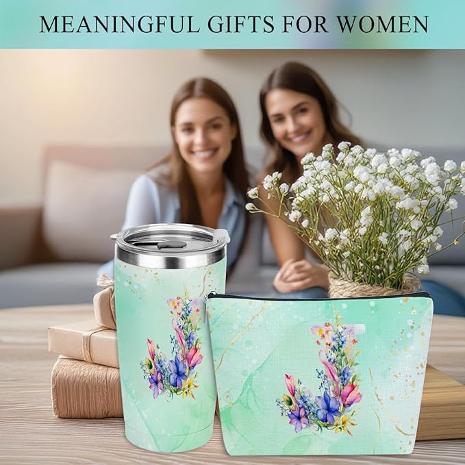 Personalized Gifts Monogrammed Birthday Gifts for Women, Maid of Honor Bachelorette Wedding Christmas Initial 20 oz Tumbler, Makeup Bag Cup Pens Journal Notebook 6 Set, (Aesthetic Green Flower J)