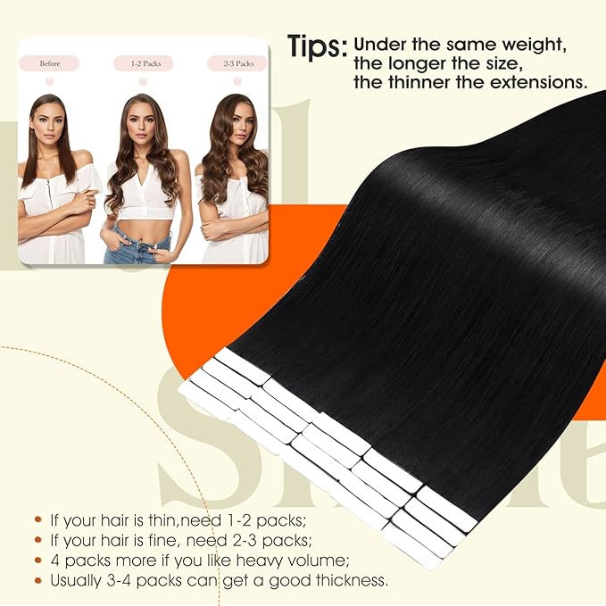 Full Shine Insert Tape ins Human Hair Extensions Color 1 Black Tape in Extensions Human Hair Injection Seamless Skin Weft 22Inch Long Remy Straight 50Gram Add Length Brazilian 20Pcs