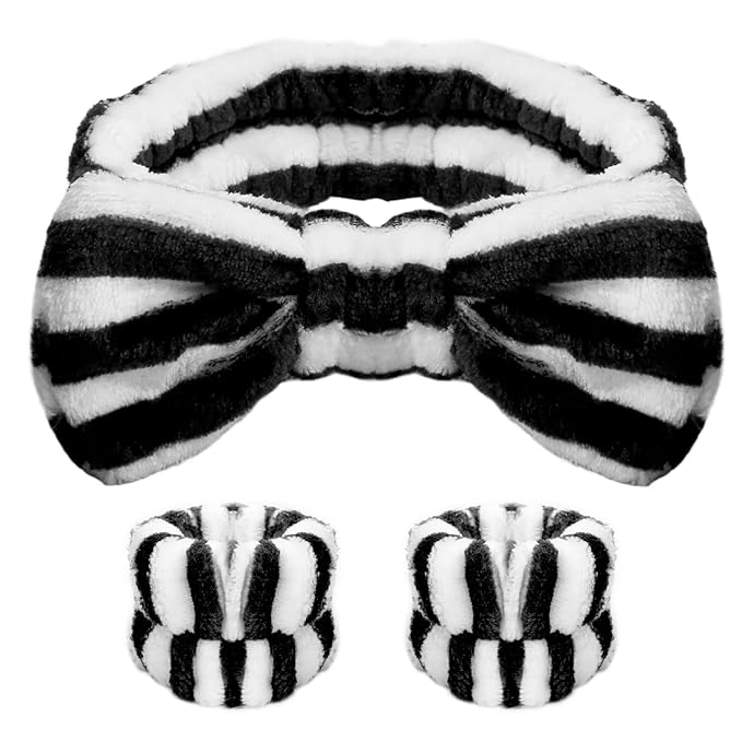 WSYUB Makeup Headband, Spa Headband and Wristband Set, Headbands for Washing Face, Black and White Headbands for Women Girls