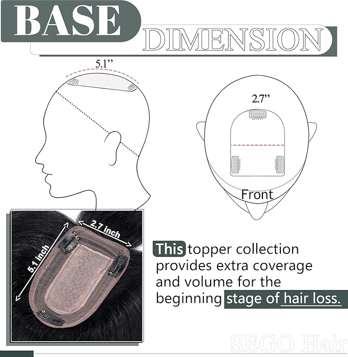 SEGO Hair Toppers for Women Real Human Hair with Thinning Hair, Toppers Hair Pieces Clip in Toppers Straight Hair Pieces with Front Bangs 150% Density Silk Base -14 Inch #1 Jet Black