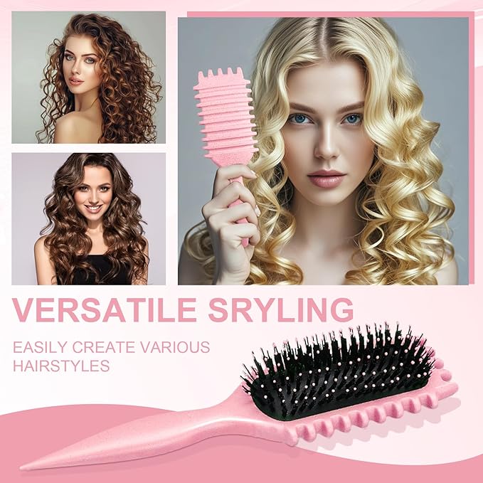 Curly Hair Brush,Curl Defining Brush Boar Bristle Hair Brush for Combing and Shaping,Reduce Pulling and Curl Separation For Defined Curls(pink)