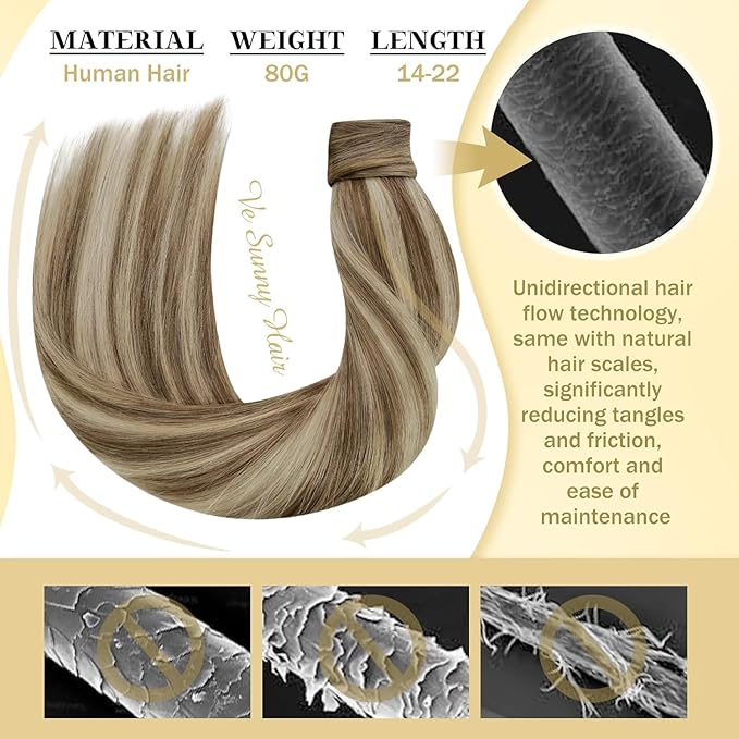 Ve Sunny Hair Extensions Ponytail Real Human Hair 80G Wrap Around Clip in Ponytail Hair Extensions Straight Extensions Human Hair for Women Light Brown Highlights Platinum Blonde 14inch