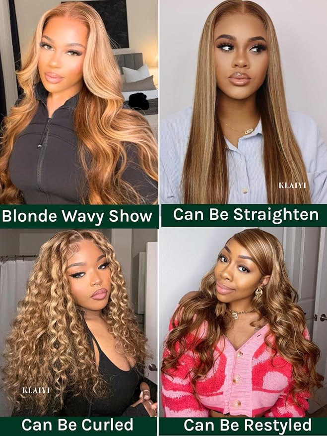 KLAIYI Bye Bye Knots Glueless Wig Highlight Blonde Body Wave Pre Cut 7x5 HD Lace Front Wigs Human Hair Pre Plucked Pre Bleached Pre Everything Wear and Go Wig 12A Ombre Brown 30S Ready To Wear 26Inch