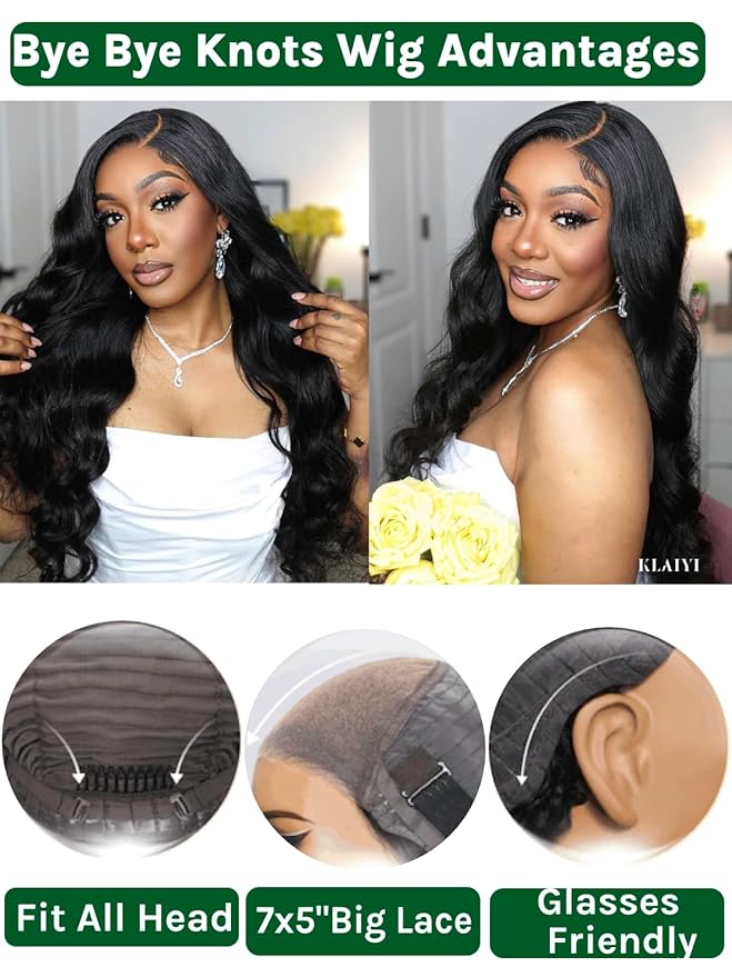 KLAIYI Body Wave Bye Bye Knots Glueless Wig 7x5 Pre Cut Lace Front Wigs Human Hair Wear and Go Wigs for Beginners Pre Bleached Pre Plucked Pre Everything 3S Easy to Ready to Wear Loose Wave Wig 14Inch