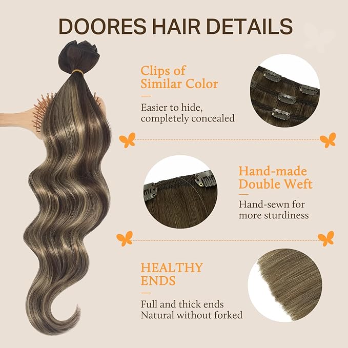 DOORES Clip in Hair Extensions Real Human Hair, Balayage Chocolate Brown to Honey Blonde 135g 18 Inch 7pcs, Natural Extensions Clip ins Thick Weft for Women