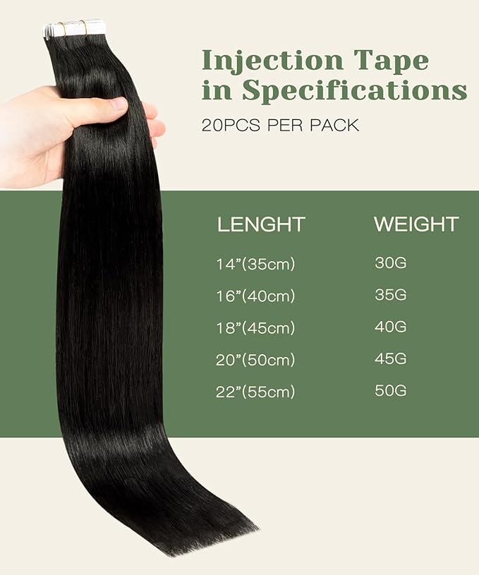SURNEL Invisi Tape in Hair Extensions Huaman 16 Inch Natural Black Injected Seamless Tape in Hair Extensions 20 Pcs 35g(#1B,16)