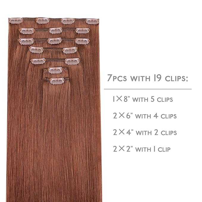 WENNALIFE Clip in Hair Extensions - 18 Inch 120g 7pcs Real Human Hair Clip Ins - Dark Auburn Copper Remy Hair