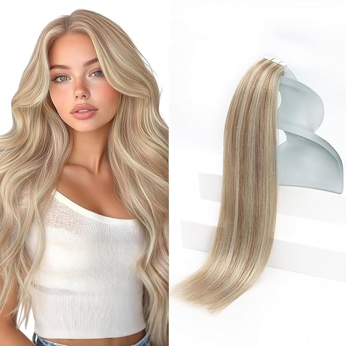 Sunny Hair Blonde Tape in Hair Extensions Human Hair Ash Blonde Highlight Bleach Blonde Hair Extensions Tape in 26 Inch Remy Tape in Txtensions for Women Wedding 20Pcs 50g