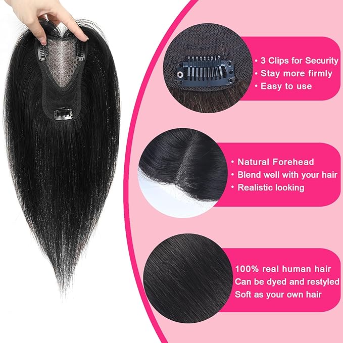 Hair Toppers for Women Real Human Hair Topper Upgrade Swiss Lace Middle Part Clip in Bangs Remy Human Hair Straight Hairpieces for Thinning Realistic Scalp 360° Cover Gray Hairy Roots Caramel Black