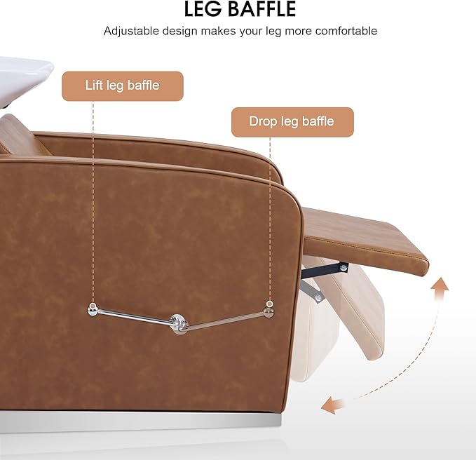 BarberPub Backwash Shampoo Station Chair, Adjustable Porcelain Ceramic Hair Wash Bowl Sink Unit Station, Reclining Shampoo Station Chair for Spa Beauty Salon Hair Salon Equipment 9303 (Brown)