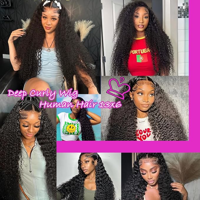 13X6 Deep Curly HD Lace Frontal Wig Human Hair Pre Plucked 210% Density Deep Wave Wigs for Women Wet and Wavy Glueless Lace Front Wig Natural Color 20Inch