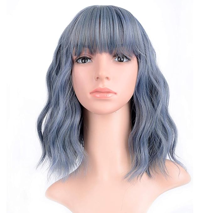 FAELBATY Blue Wigs With Air Bangs Shoulder Length Short Wave Wig For Women Curly Wavy Synthetic Cosplay Wig Blue Wig for Girl Halloween Costume Wigs (12" Dusky Blue Color)