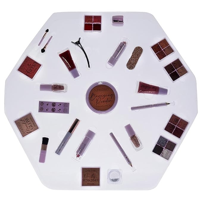 Sunkissed Christmas 25 Days of Beauty - Face, Lips and Eye Makeup - 2 Nail Polishes and 3 Cosmetic Brush Applicators - Vegan Formula - 25 Makeup Products and Accessories - 1 pc Gift Set