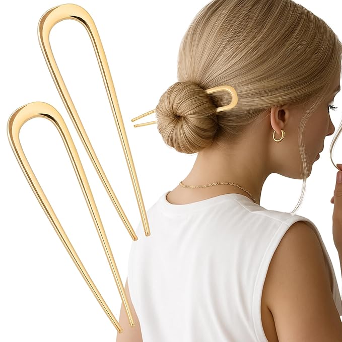 2PCS 5.5Inch French Hair Pins Large U-Shaped Pins for Women and Girls Fashion Metal Hair Pin French Twist Hair Pins for Buns, Updos,Stylish and Functional(set3-gold)