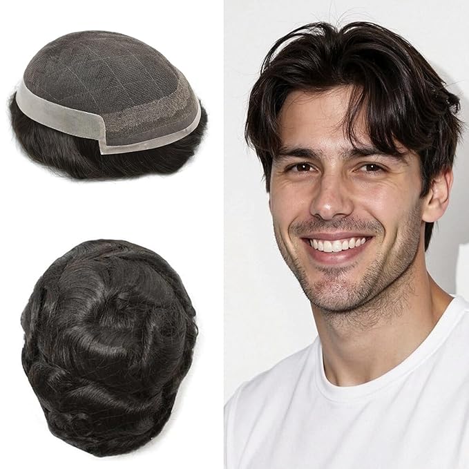 Toupee For Men Swiss Lace Hair System For Mens ToupeeL Human Hair Lace Hair Piece For Mens Toupee Hair Units 7X9#1B Off Black 120% Density