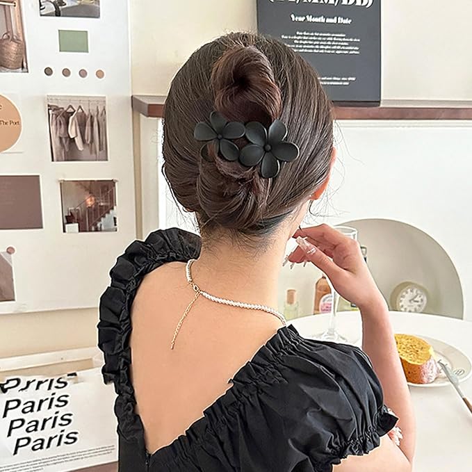 5PCS Black Flower Flat Hair Clips for Women - Mdscve French Flat Hair Claw Matte Hair Clips Flat Claw Clips for Thick Hair Non-Slip Cute Duck Billed for Girls