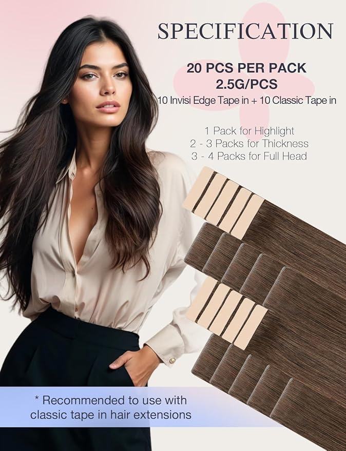 DOORES Invisi Edge Hair Extensions, Chocolate Brown 10 Injection + 10 Classic Tape-ins, 50g 20 Inch, Injection Tape in Extensions, Virgin Human Hair, Thick Ends