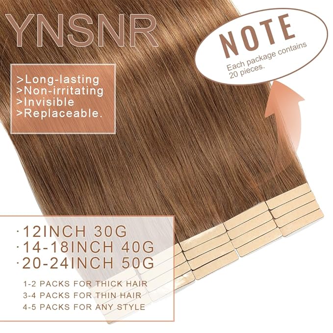 Human Hair Tape in Extensions Tawny Brown 20 Inch Invisible Tape in Hair Extensions Human Hair for Women Hair Extensions Real Human Hair Tape in