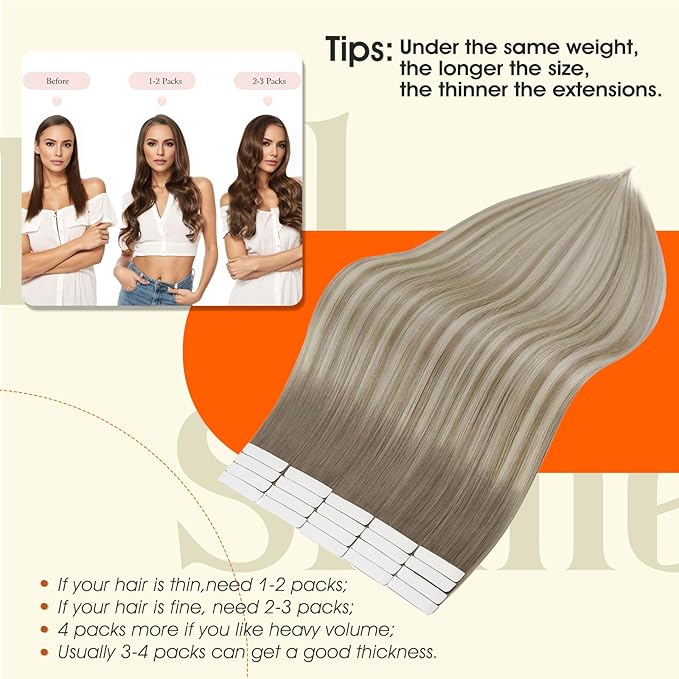 Full Shine Tape in Hair Extensions 18Inch Tape in Extensions Human Hair Color 19/8/60 Seamless Skin Weft Remy Extension Real Human Hair for Women Grey And Blonde 50G Straight for Wedding 20Pcs