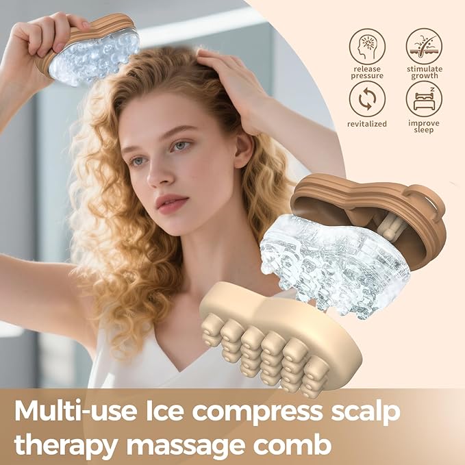 Ice Compress Scalp Massager Hair Growth Massage Comb - Upgraded Raised Dot Ice Tray Design for Tension Headache Relief and Scalp Care (Brown)