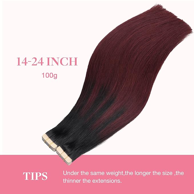 GOO GOO Tape in Hair Extensions Human Hair, 1/99 Balayage Jet Black to Red, 16inch 100g 40pcs, Skin Weft Seamless Invisible, Silky Straight with Thick Ends, Remy Human Hair