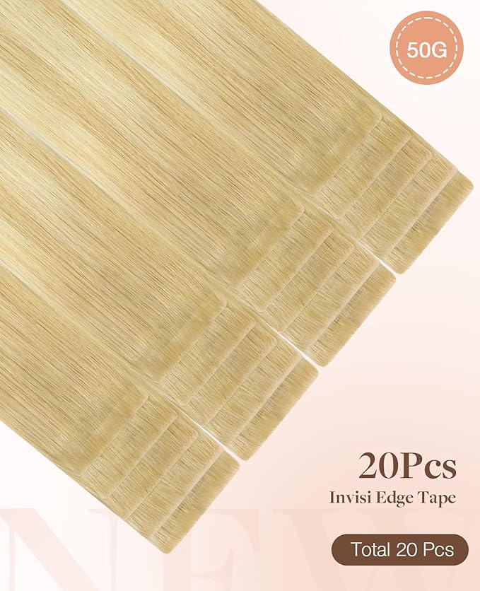GOO GOO Invisi Edge Tape in Hair Extensions Human Hair, 18AT60A Pearl Ash Blonde Highlights 20pcs 16inch 50g, Virgin Remy Hair, Seamless Injected Tape, Natural Look