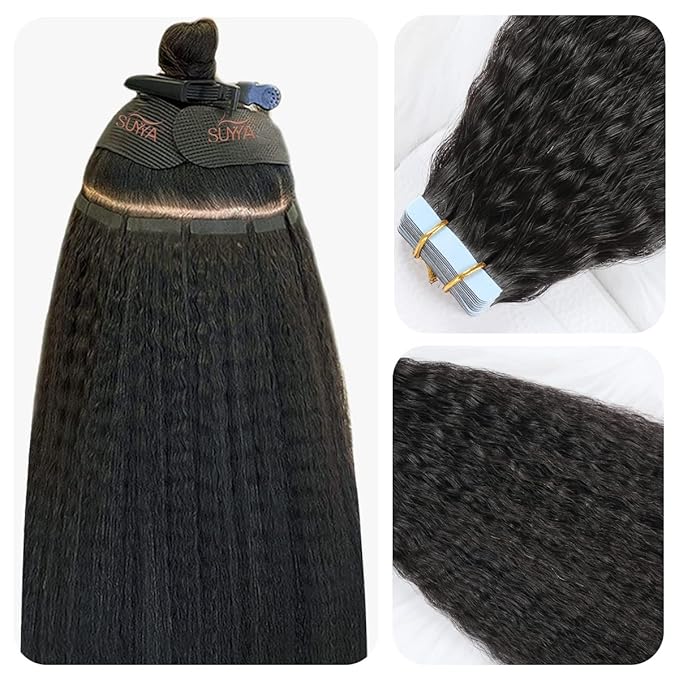 SUYYA Kinky Straight Natural Black Tape in Real Human Hair 16 Inch Skin Weft 40g/Pack 20PCS Tape in Extensions for Women (#1B Natural Black)
