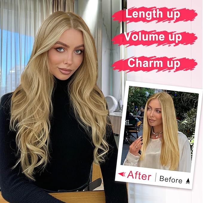 ALXNAN Long Wavy Hair Extensions for Women, Clip in Hair Extensions Clip Ins Soft Full Head Synthetic Hairpieces 20 Inch Golden Blonde Highlights Light Blonde