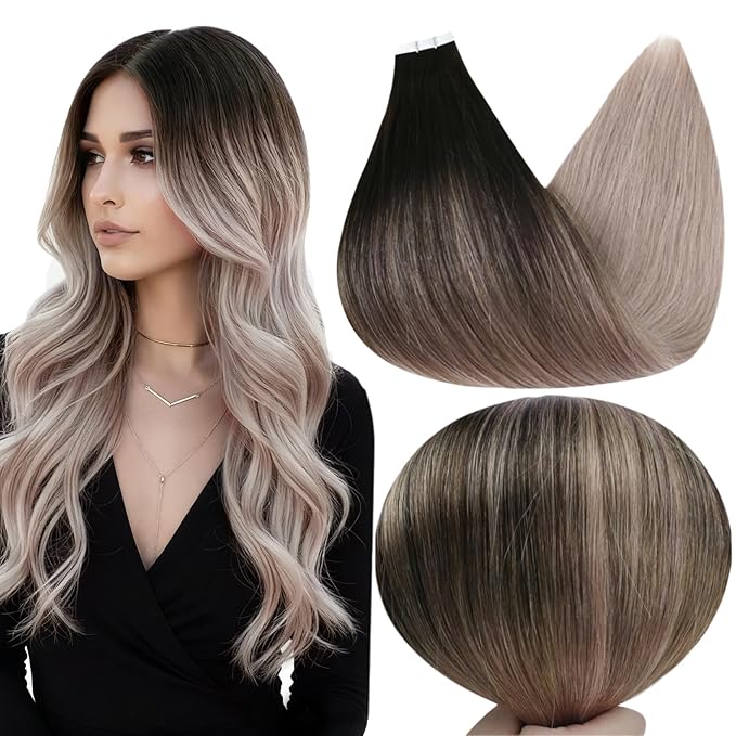 Full Shine Balayage Tape in Hair Extensions Human Hair 22Inch Color 1B Off Black Fading to Ash Blonde 18 Seamless Skin Weft Human Hair Tape in Extensions 50 Gram 20 Pcs Remy Hair Extensions Tape ins
