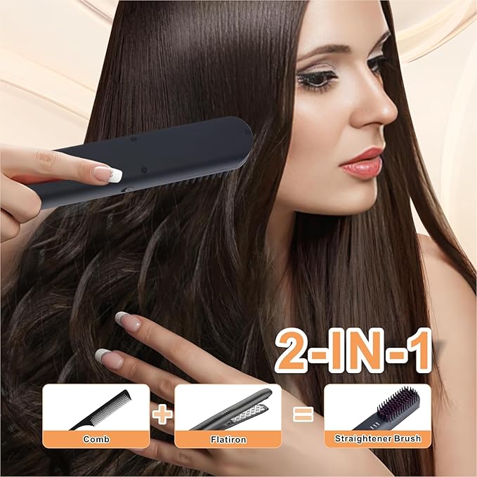 Hot Comb Electric, Cordless Hair Straightener Brush Travel, Mini Hair Brush, Heated Comb with 3 Temp Settings, Rechargeable Portable Hair Straightener for Women, Auto Shut-Off, Anti-Scald